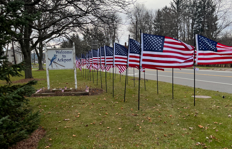 Village of Arkport Field of Honor displays rows of American flags along side the Village of Arkport welcome sign